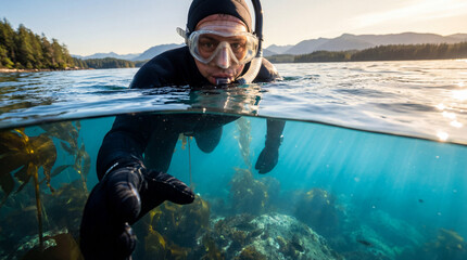 An adventurous snorkeler explores an underwater kelp forest, showcasing vibrant marine life and breathtaking natural beauty under crystal clear waters and sunlight.
