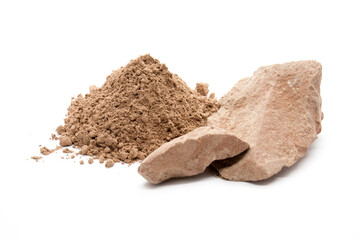 Red cosmetic clay in pieces and powder