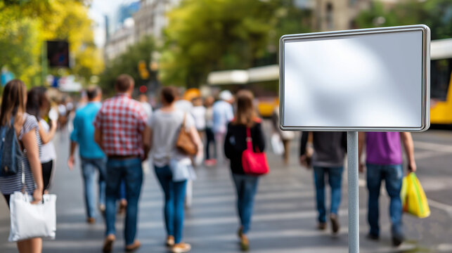 Wide defocused street scene with the sign as the only sharp object, group standing around it faceless, inclusive urban concept, with copy space