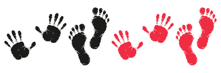 Handprint and footprint silhouettes in black and red.