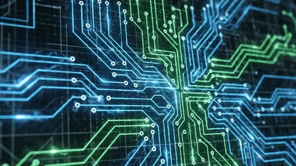 Abstract circuit board graphic with illuminated lines and digital design - Powered by Adobe