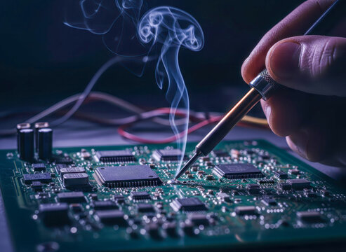 Close-up of an engineer's hand soldering microchips and intricate components onto a green circuit board with rising smoke. - Powered by Adobe