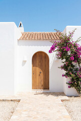 A minimalist entryway adorned with vibrant flowers and a wooden door creates a welcoming atmosphere, representing simplicity and beauty in everyday living experiences.