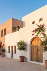 This charming villa showcases rustic architecture with a wooden door framed by blooming bougainvillea, symbolizing a warm welcome and connection to nature's beauty.
