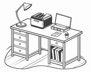Organized workspace illustration with laptop, lamp, and printer for productive office vibes, perfect for business presentations and professional designs
