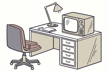 Retro workspace scene illustration with desk, chair, lamp, and television evokes nostalgia and vintage design elements for creative projects and presentations