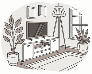 Elegant living room interior design illustration with modern furniture, potted plants, and natural light creating a stylish and comfortable space