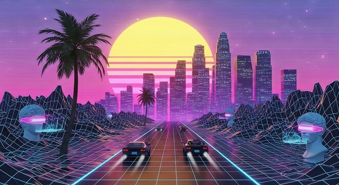 Retro futuristic cityscape with palm trees cars and glowing sun design