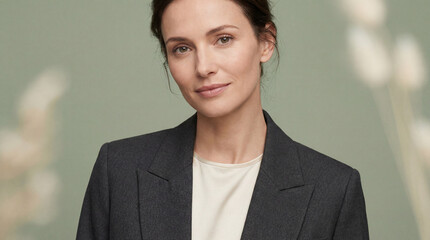 A poised woman wearing a tailored blazer presents an air of confidence and professionalism against a soft green backdrop that brings a sense of calmness and balance.