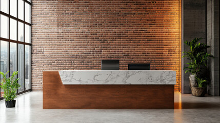 Reception counter mockup with brick wall background style front interior registration copy space desk design indoor decoration front view decoration three-dimensional