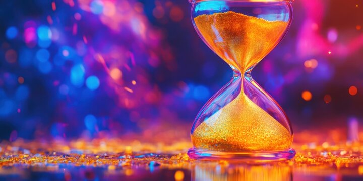 Glowing golden sand flowing through glass hourglass with vibrant bokeh lights