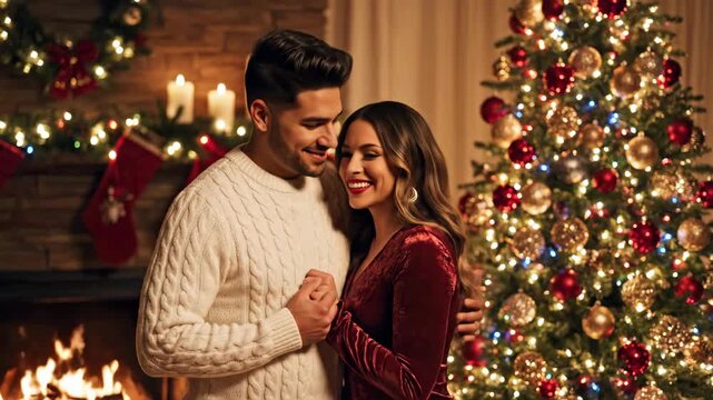 Romantic Young Couple Holding Hands and Embracing by a Glowing Christmas Tree and Cozy Fireplace
