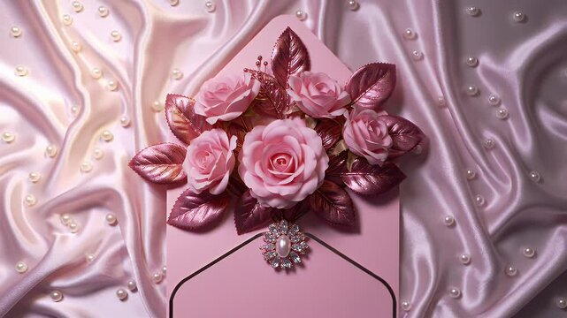 Delicate Pink Floral Crown on Satin Pink Background With Jewelled Necklace Overlay
