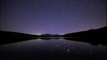 Stars Reflecting on a Calm Lake at Night in Silhouette