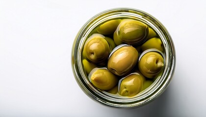 A Jar Of Green Olives On A White Background