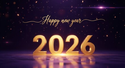 Festive happy new year celebration with golden balloons and bokeh lights on a dark pink background