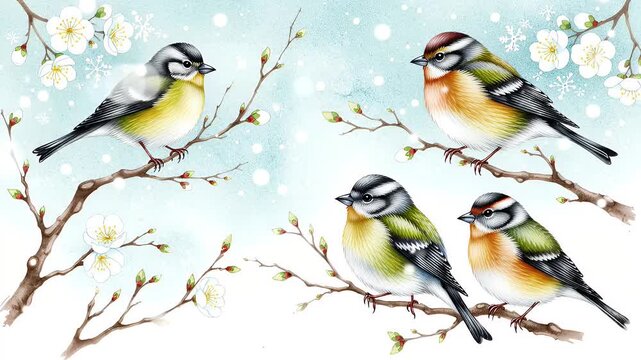 Delicate watercolor illustration of four tiny spring songbirds perched on blossoming branches against a pale blue background