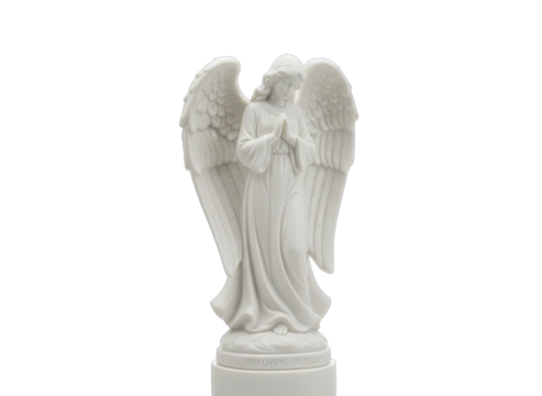A Serene White Angelic Sculpture With Folded Hands and Spread Wings Isolated on a Transparent Background With Detailed Textures and Elegant Drapery Depicting Peace and Hope