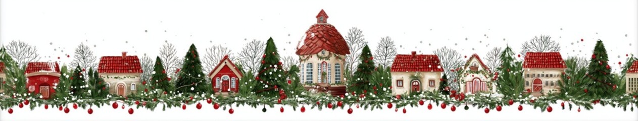Festive Village Garland: A charming village adorned with cheerful red-roofed houses nestled among lush evergreen trees, creating a heartwarming scene perfect for the holiday season.
