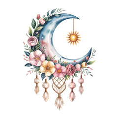 Bohemian crescent moon with flowers and sun charm