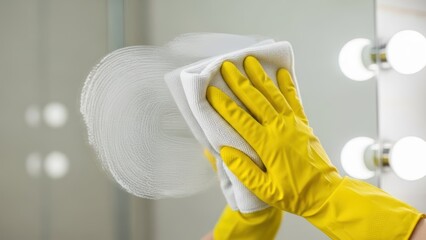 Woman in yellow glove scrubbing mirror with white cloth. Concept of household chore, deep cleaning, and sanitation for home or office.
