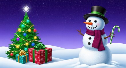 Santa claus and two snowmen in a festive christmas scene with a decorated tree, boat, and merry christmas sign under a full moon and starry night sky