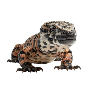 Png of closeup of a gila monster isolated on transparent background, showcasing its unique skin pattern and robust build