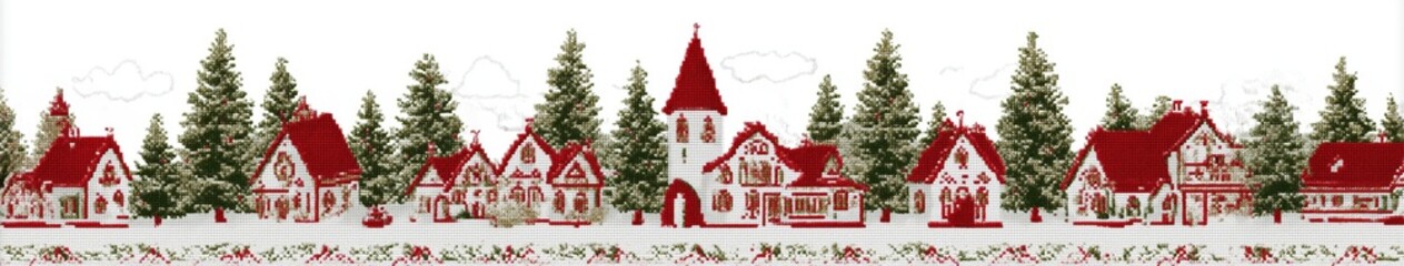 Festive Village: A quaint village nestled amidst snow-kissed trees and buildings, evokes a sense of festive charm. Its red-roofed buildings create a cheerful panorama.