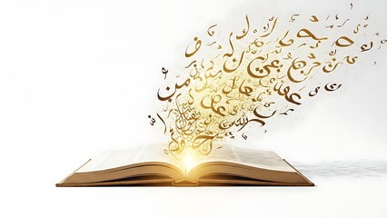 Open book with golden arabic calligraphy letters flying out isolated
