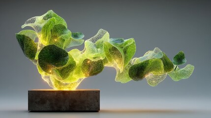 Creative green plant sculpture with glowing elements in modern design