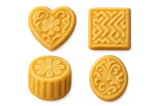 Traditional mooncakes with various embossed patterns, celebrating mid-autumn festival and asian cuisine, transparent background