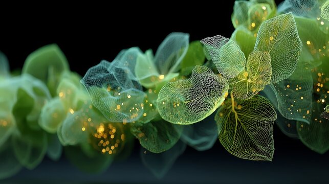 Digital art showing green leaves with glowing elements on a dark background