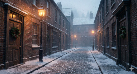 Empty Victorian cobblestone street at night with falling snow
