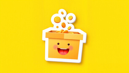 Cheerful donation box with floating coins on neon yellow background, generosity