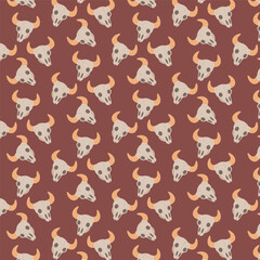 Cowboy skull pattern, rustic western horns seamless vector, boho desert skull design, swatch available in swatches panel