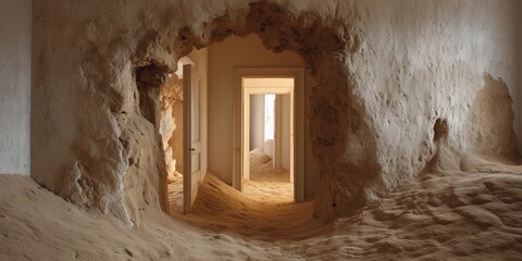 Abandoned Interior: A surreal indoor scene, evoking a sense of time and decay, with a sand-filled interior featuring arched doorways and natural light.