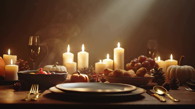 Warm candlelit table with fruits and bread on rustic background, evoking cozy holiday atmosphere, Thanksgiving dinner, or autumn celebration