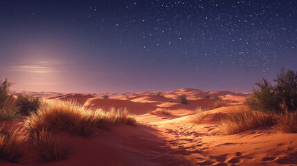 Desert dunes under starry night sky illuminated by warm moonlight