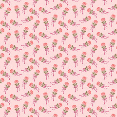 Rose bouquet pattern, pink floral ribbons seamless vector, delicate romantic flower design, swatch available in swatches panel
