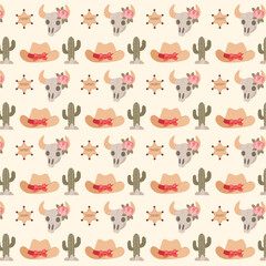 Cowgirl western pattern, floral cowboy hats skulls cactus seamless vector, rustic rodeo sheriff design, swatch available in swatches panel