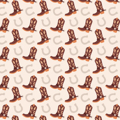 Cowboy boots pattern, western horseshoe seamless vector, rustic rodeo footwear design, swatch available in swatches panel