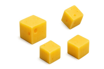 Yellow cheese cubes diced for appetizer snacks or cooking, dairy food product on transparent background