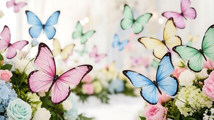 Dreamy butterflies fluttering over pastel flowers create a whimsical spring atmosphere, perfect for weddings, birthdays, or any celebration of new beginnings