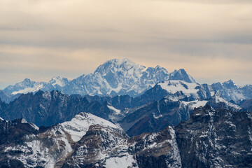 Mont Blanc Mountain on Cloudy Day. View from Klein Matterhorn. Swiss Alps. Zermatt, Valais, Switzerland