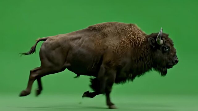 A large brown bison running quickly across a green screen studio environment in side profile view