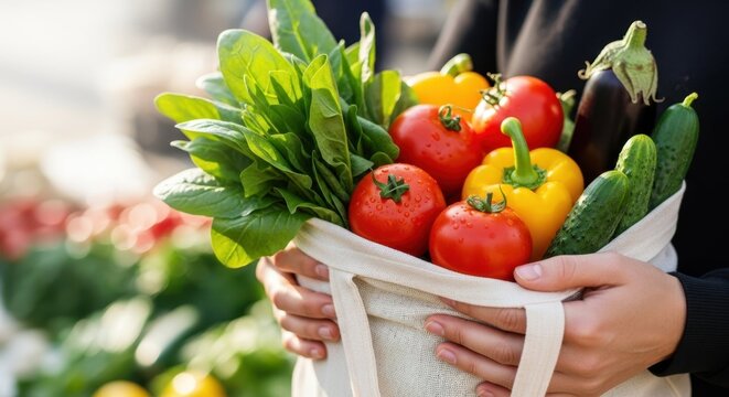 Natural-style photo of reusable tote bag filled with fresh vegetables in colorful tones representing healthy lifestyle and sustainable shopping