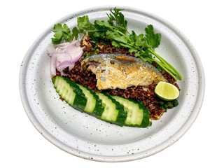 Thai mackerel fried rice with riceberry rice and organic kale, topped with mackerel, cilantro, cucumber, and lime, isolated on transparent background.