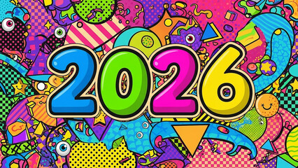 Colorful Retro Graphic Design Layout for New Year 2026 with Mix-and-Match Patterns