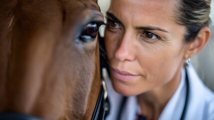 Close up, Veterinarian giving checkup to horse
