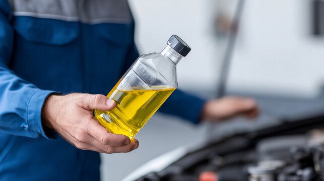 Overflow bottle check, automotive fluid system, technician inspecting reservoir, professional maintenance procedure, engine bay examination, level verification task, faceless hands